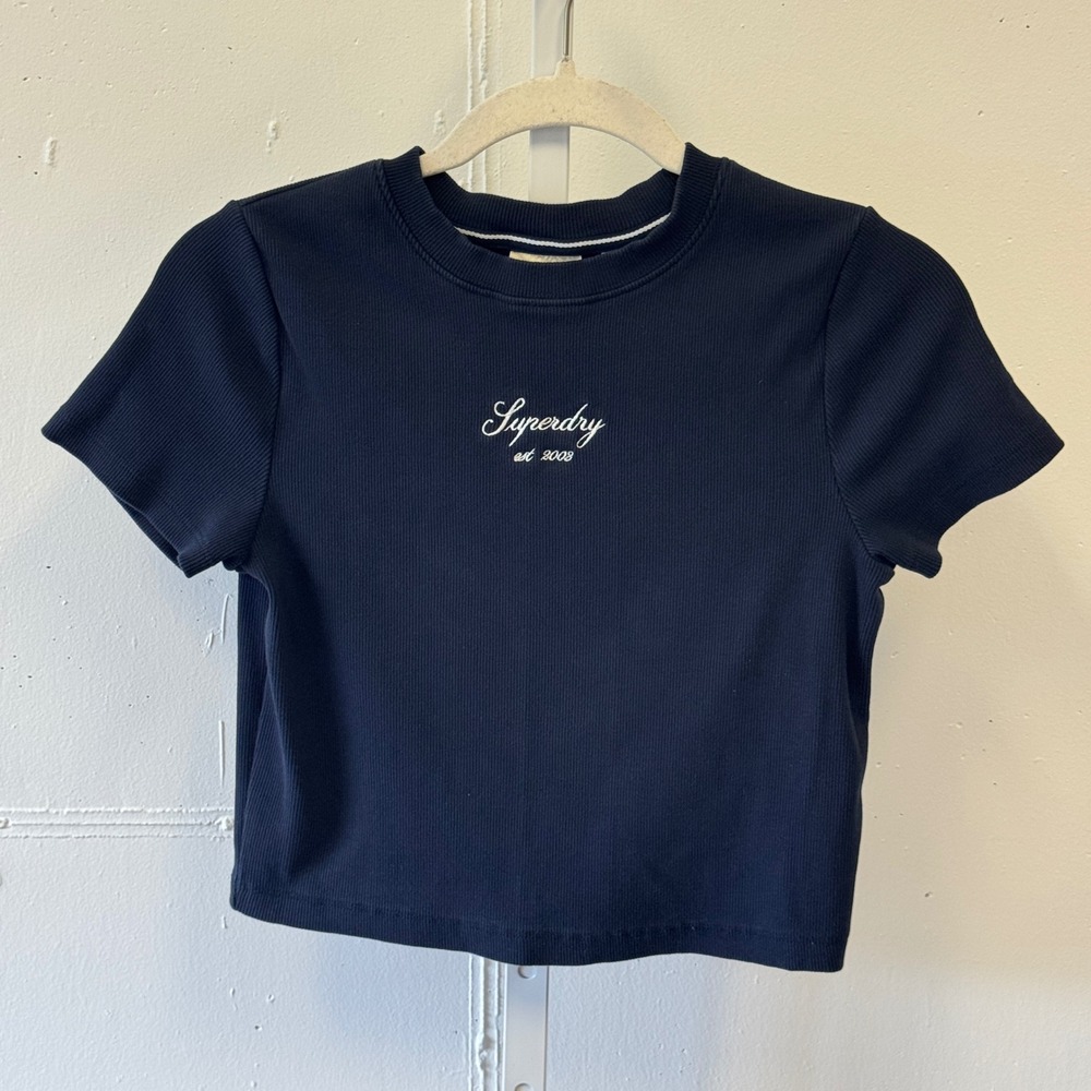 Superdry Ribbed Graphic Embroidered Script Logo Baby Tee Crop Top US 6 Navy